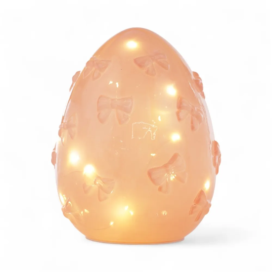 Imagem LUMINÁRIA OVO ROSA DE VIDRO COM BORBOLETAS EM RELEVO 25 LEDS 25X17X17CM - CROMUS 