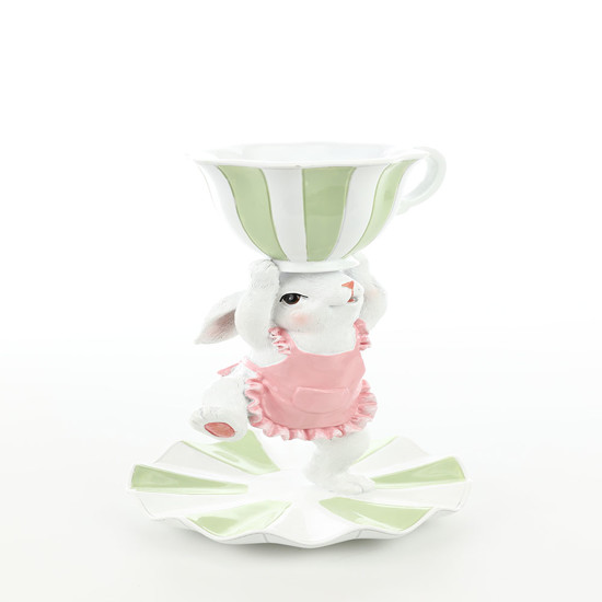 Imagem COELHA DA PÁSCOA BRANCA DE RESINA COM XÍCARA VERDE LISTRADA 24X15X15CM - CROMUS